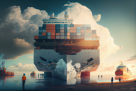 cargo being unloaded from ship at busy cargo port, with double exposure of clouds and seascape, created with generative aiの素材
