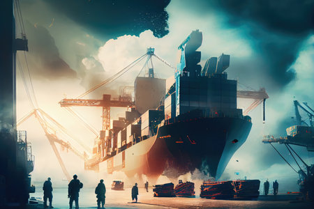 cargo being unloaded from ship at busy cargo port, with double exposure of clouds and seascape, created with generative aiの素材