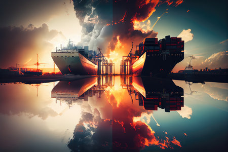 cargo port at sunrise, with clouds and sky in double exposure, created with generative aiの素材