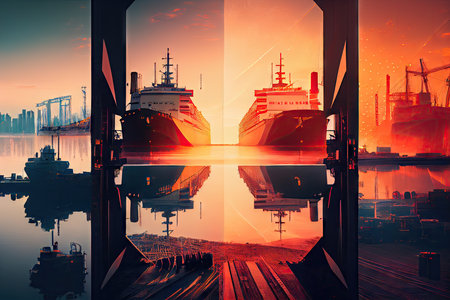 cargo port with view of busy docks and ships at sunrise, double exposure, created with generative aiの素材