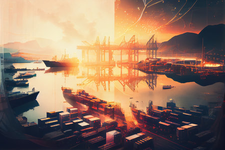 cargo port with view of busy docks and ships at sunrise, double exposure, created with generative aiの素材