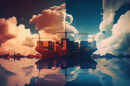 port with cargo ship and sky full of clouds, for double exposure effect, created with generative aiの素材