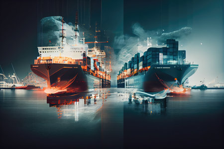 double-exposure of cargo port with ships in motion, creating impression of a bustling and active commercial hub, created with generative aiの素材