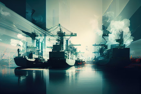 double-exposure of cargo port with ships in motion, creating impression of a bustling and active commercial hub, created with generative aiの素材