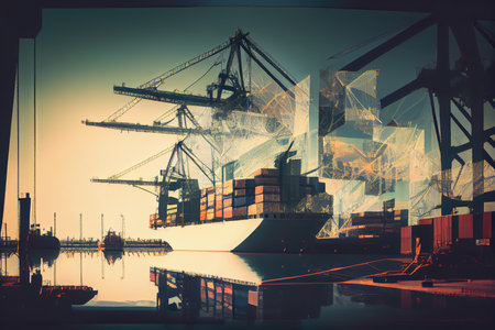 cargo port, with container ships and cranes in the background, creating double exposure effect, created with generative aiの素材