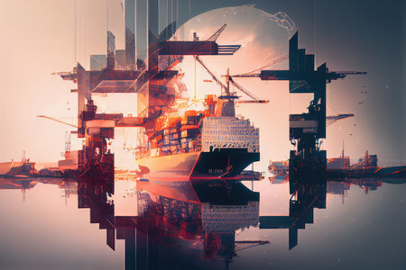 cargo port, with container ships and cranes in the background, creating double exposure effect, created with generative aiの素材