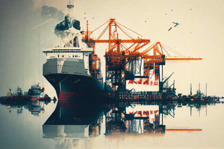 cargo port with ship and crane, double exposure, created with generative aiの素材