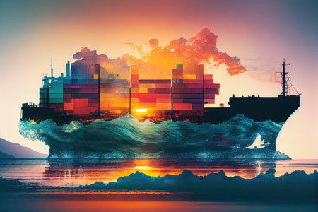 cargo ship passing through colorful sunset double exposure, created with generative aiの素材