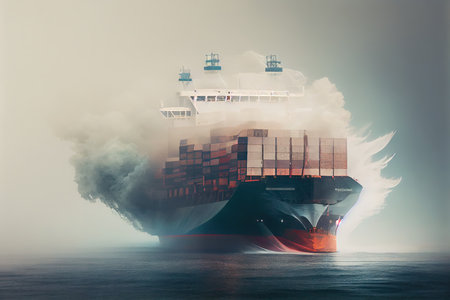 cargo ship passing through a dense fog or smoke double exposure, created with generative aiの素材
