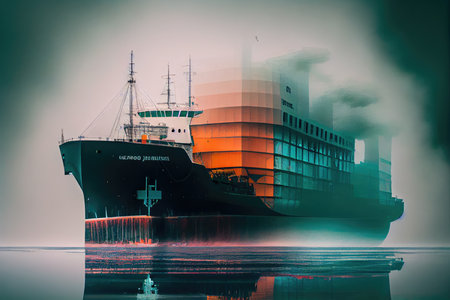 cargo ship in the foggy mist, with surreal double exposure effect, created with generative aiの素材