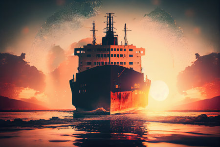 double exposure of cargo ship with blurred background and bright sun setting in the horizon, created with generative aiの素材