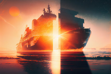 double exposure of cargo ship with blurred background and bright sun setting in the horizon, created with generative aiの素材