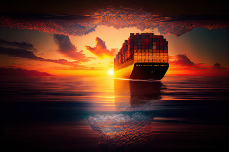 cargo ship with sun setting over calm ocean, creating double exposure, created with generative aiの素材