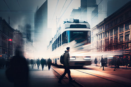 double-exposed train moving through bustling city, with pedestrians and traffic visible in the background, created with generative aiの素材