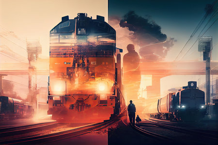 double-exposure of cargo train that moves through busy cityscape, with people and vehicles in the background, created with generative aiの素材