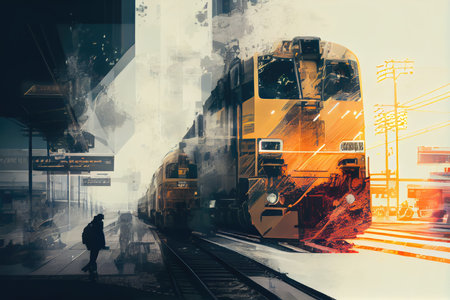 double-exposure of cargo train that moves through busy cityscape, with people and vehicles in the background, created with generative aiの素材