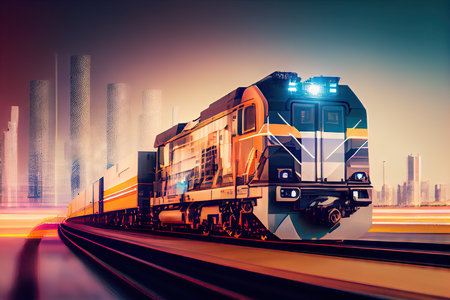 modern cargo train with blurred images of cityscape in the background, created with generative aiの素材
