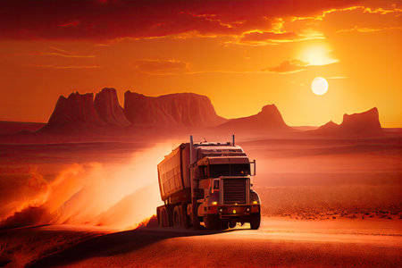 cargo truck driving through desert, with sunset in the background, created with generative aiの素材