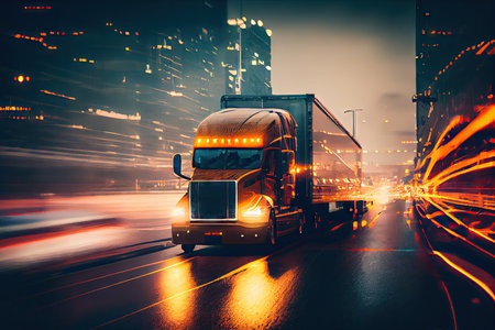 double exposure of cargo truck driving through city, with blurred background and stoplights, created with generative aiの素材