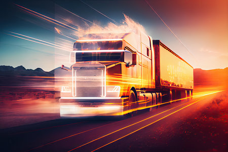 double exposure of cargo truck driving through sunset, with blurred rays of light in the background, created with generative aiの素材