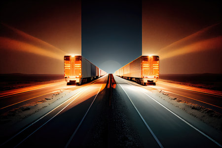 highway at night, with beams of light and shadows from cargo trucks double exposure, created with generative aiの素材