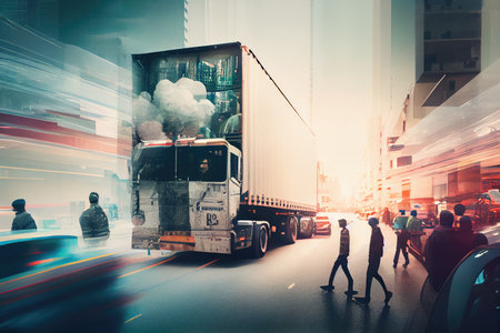 double-exposure of cargo truck driving through busy city, with blur of people and traffic in the background, created with generative aiの素材
