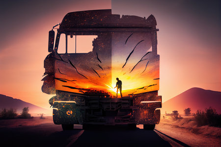 cargo truck with sunset in the background, creating stunning double exposure, created with generative aiの素材