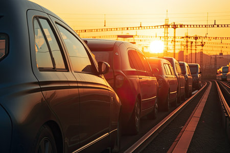 close-up of cars waiting train at crossing with view of sun setting in the background, created with generative aiの素材