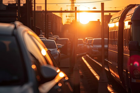 close-up of cars waiting train at crossing with view of sun setting in the background, created with generative aiの素材