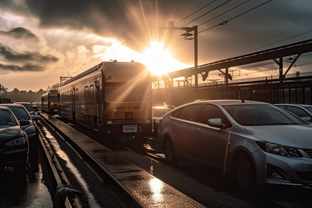 close-up of cars waiting train at crossing, with the sun peeking out from behind the clouds, created with generative aiの素材