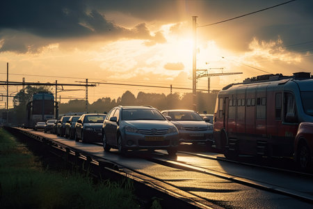 close-up of cars waiting train at crossing, with the sun peeking out from behind the clouds, created with generative aiの素材