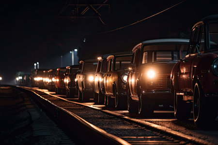 close-up of cars waiting for train, with their headlights shining on the tracks, created with generative aiの素材