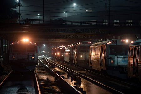 close-up of cars waiting for train, with their headlights shining on the tracks, created with generative aiの素材