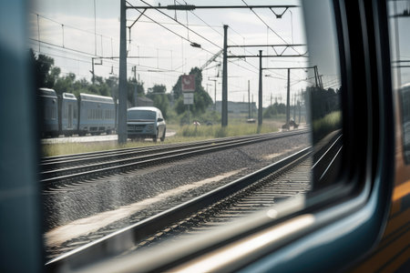 close-up of car window, with view of train and crossing gates in the background, created with generative aiの素材
