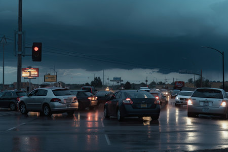 stormy sky with dark clouds, and cars waiting at crossing with lighted signal, created with generative aiの素材