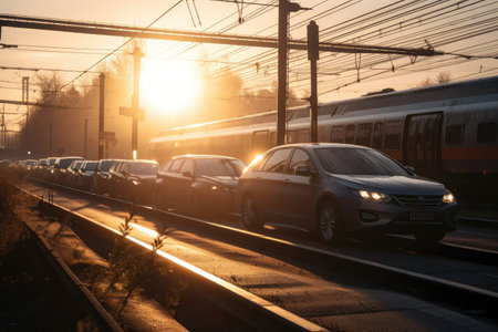 beeping of cars waiting train at crossing, with the sun setting in the background, created with generative aiの素材