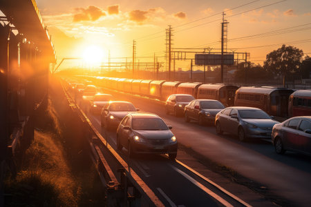 beeping of cars waiting train at crossing, with the sun setting in the background, created with generative aiの素材