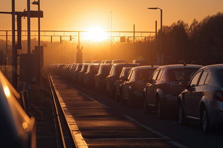 beeping of cars waiting train at crossing, with the sun setting in the background, created with generative aiの素材