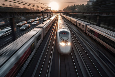 high-speed train zips past row of parked cars on tracks, created with generative aiの素材
