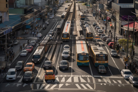 rush hour traffic at busy rail crossing with cars and buses in the foreground, created with generative aiの素材