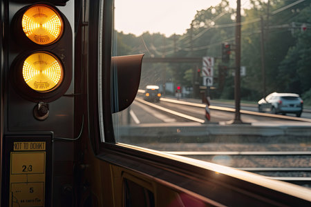 close-up of car window, with view of crossing signal and train in the background, created with generative aiの素材