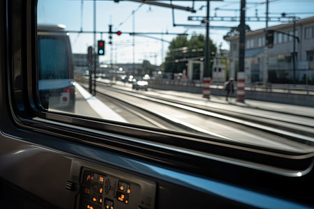 close-up of car window, with view of crossing signal and train in the background, created with generative aiの素材