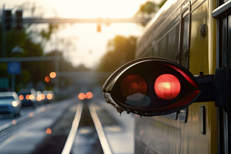 close-up of a cars windshield, with stop light visible and the train crossing in the background, created with generative aiの素材