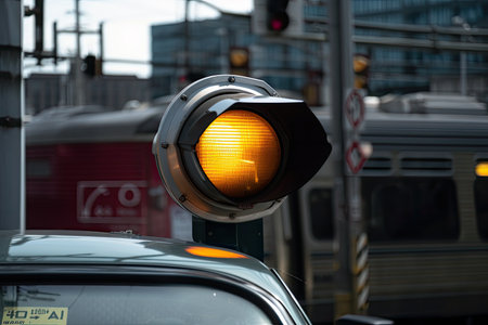 close-up of a cars windshield, with stop light visible and the train crossing in the background, created with generative aiの素材