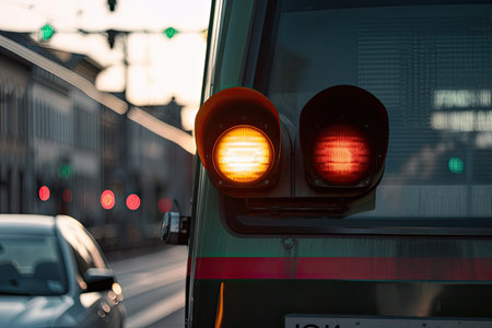 close-up of a cars windshield, with stop light visible and the train crossing in the background, created with generative aiの素材
