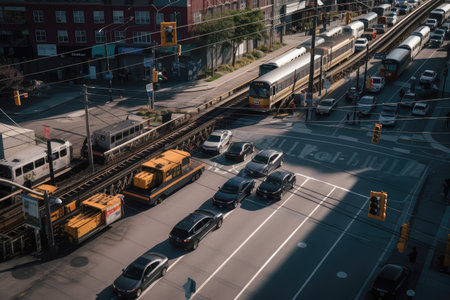 view of cars, buses, and trucks crossing the train tracks at a busy intersection, created with generative aiの素材