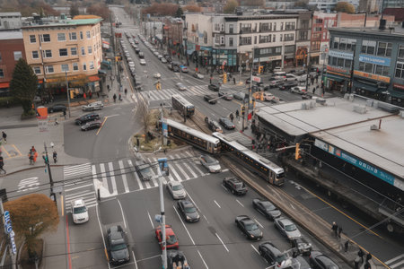 view of cars, buses, and trucks crossing the train tracks at a busy intersection, created with generative aiの素材
