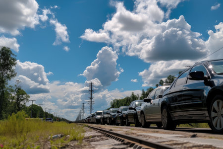 close-up of cars waiting train at crossing with view of passing clouds and blue sky in the background, created with generative aiの素材