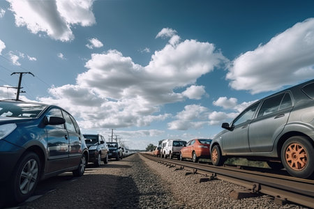 close-up of cars waiting train at crossing with view of passing clouds and blue sky in the background, created with generative aiの素材