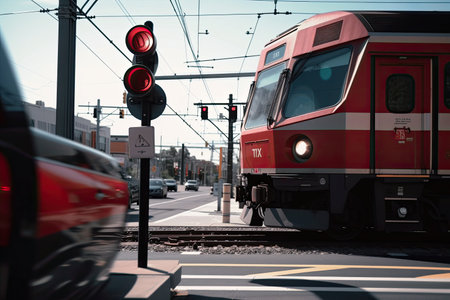 close-up of red stop sign and crossbar on a train crossing, with the cars in the background, created with generative aiの素材